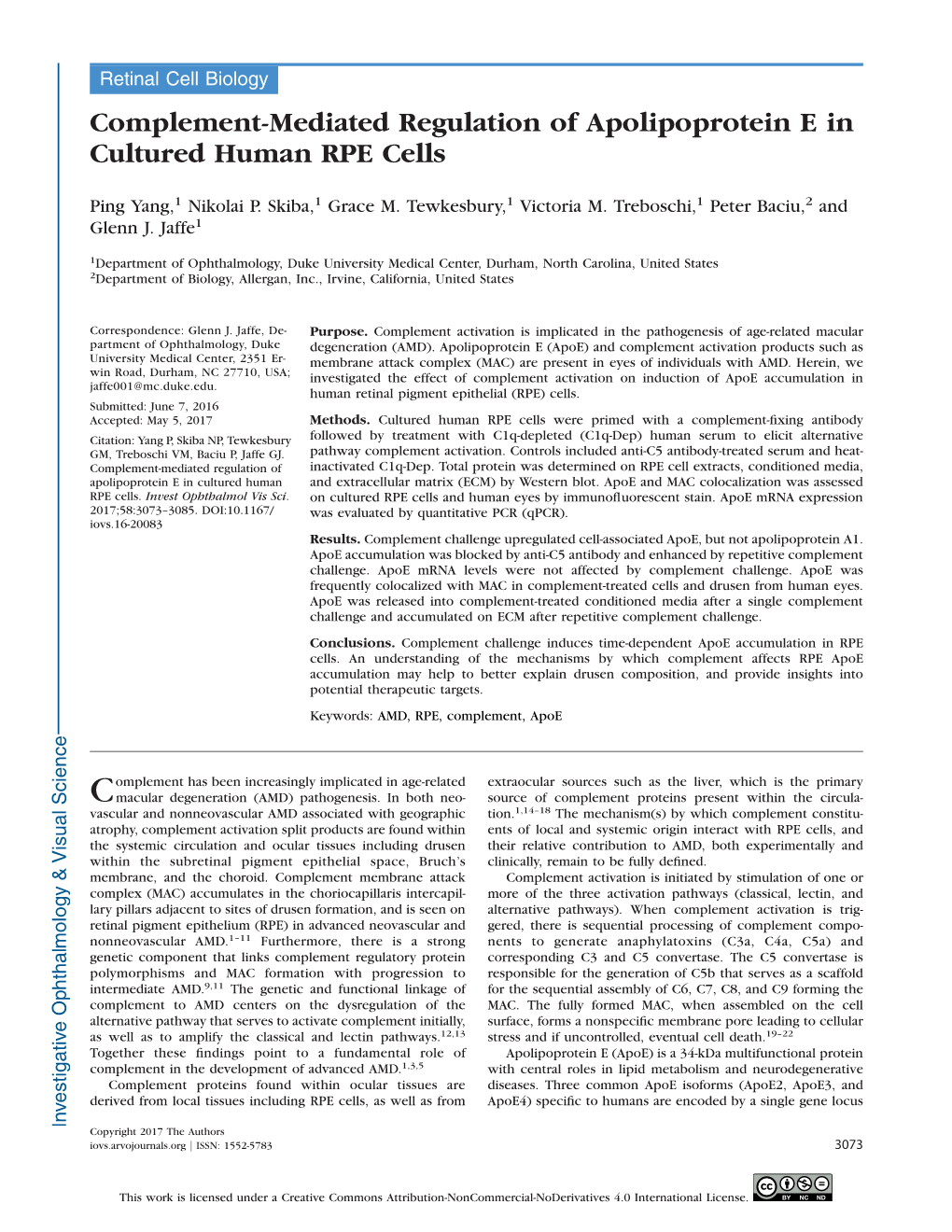 Complement-Mediated Regulation of Apolipoprotein E in Cultured Human RPE Cells