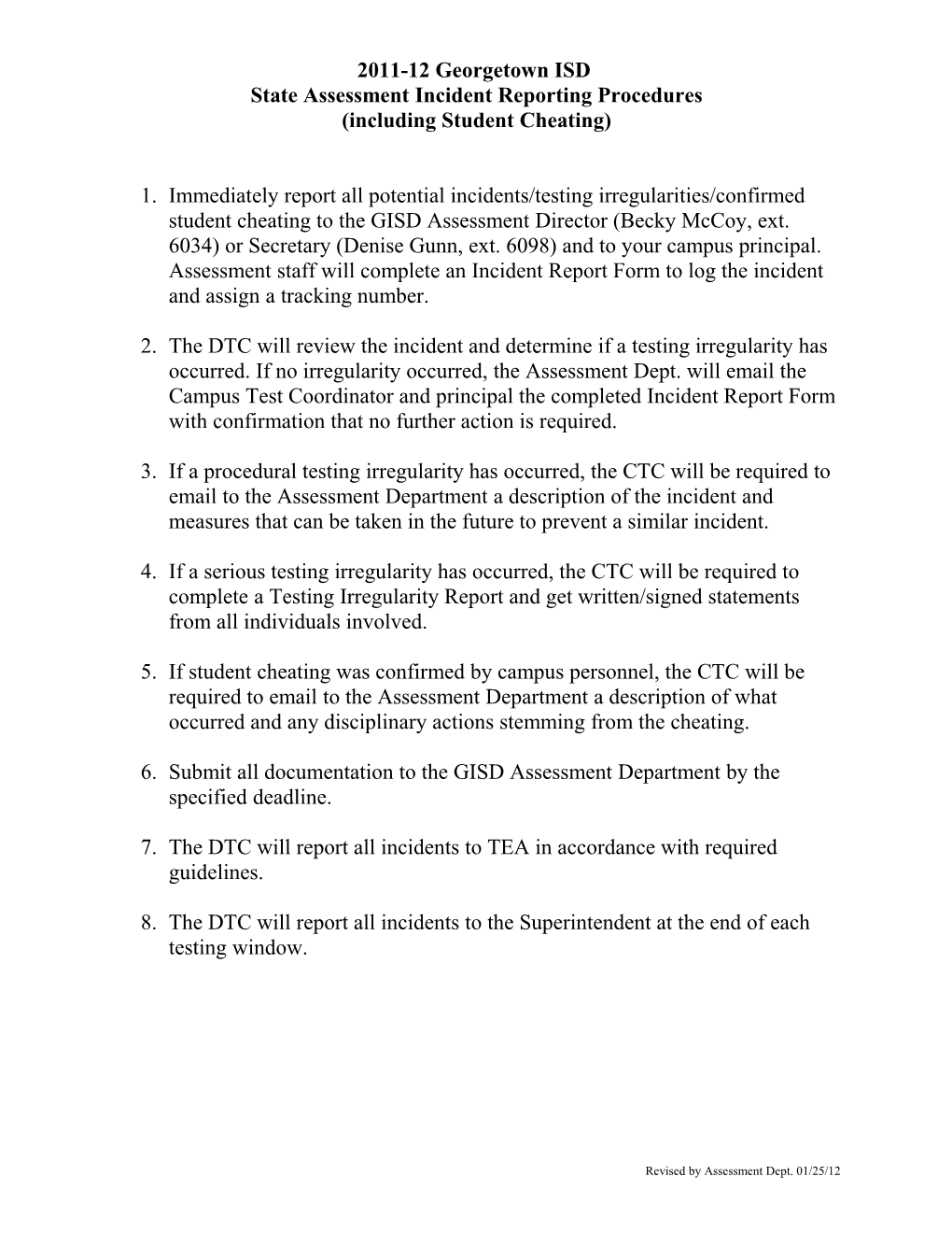 State Assessment Incident Reporting Procedures