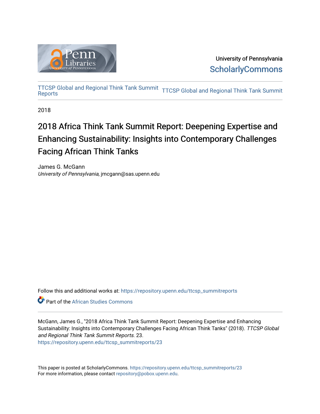 2018 Africa Think Tank Summit Report: Deepening Expertise and Enhancing Sustainability: Insights Into Contemporary Challenges Facing African Think Tanks