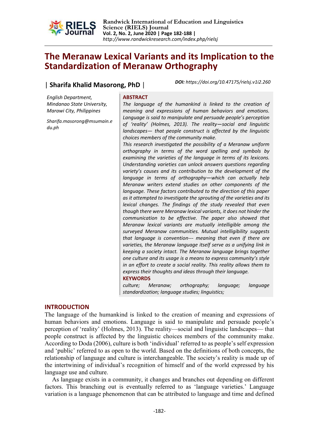 The Meranaw Lexical Variants and Its Implication to the Standardization of Meranaw Orthography