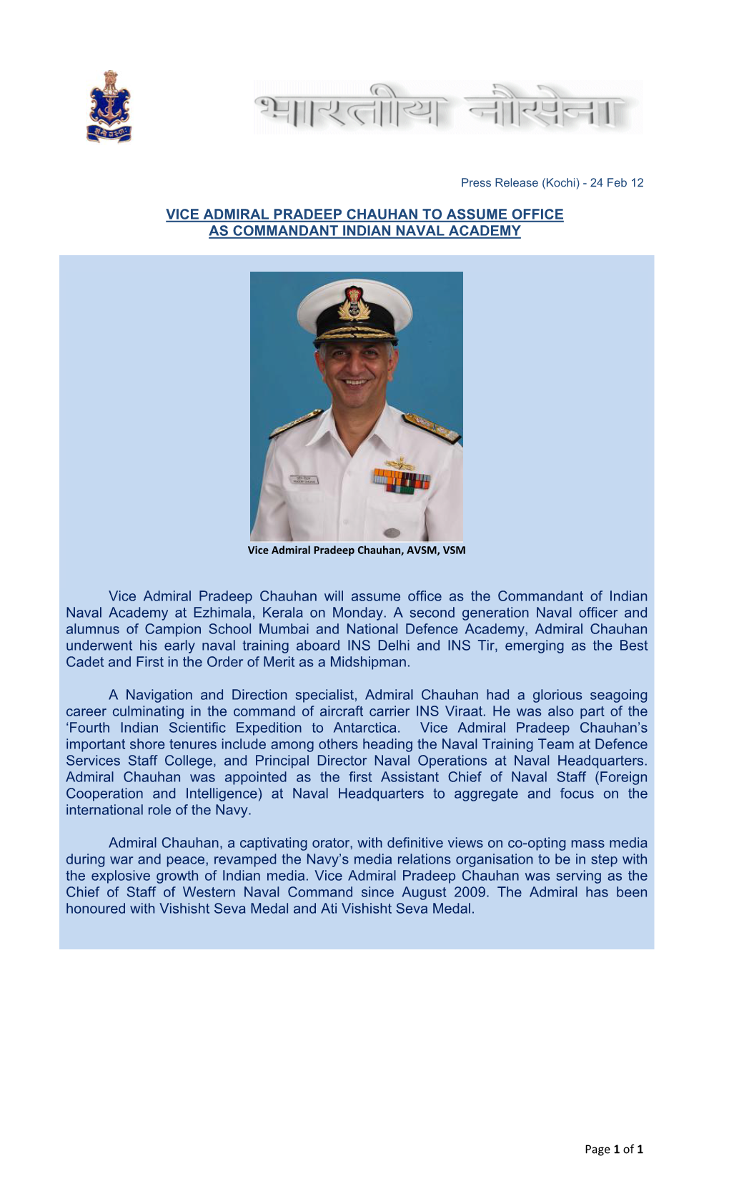 Vice Admiral Pradeep Chauhan to Assume Office As Commandant Indian Naval Academy