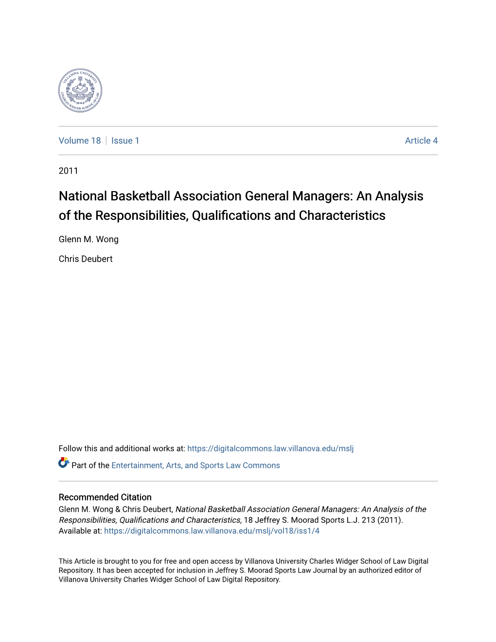 National Basketball Association General Managers: an Analysis of the Responsibilities, Qualifications and Characteristics