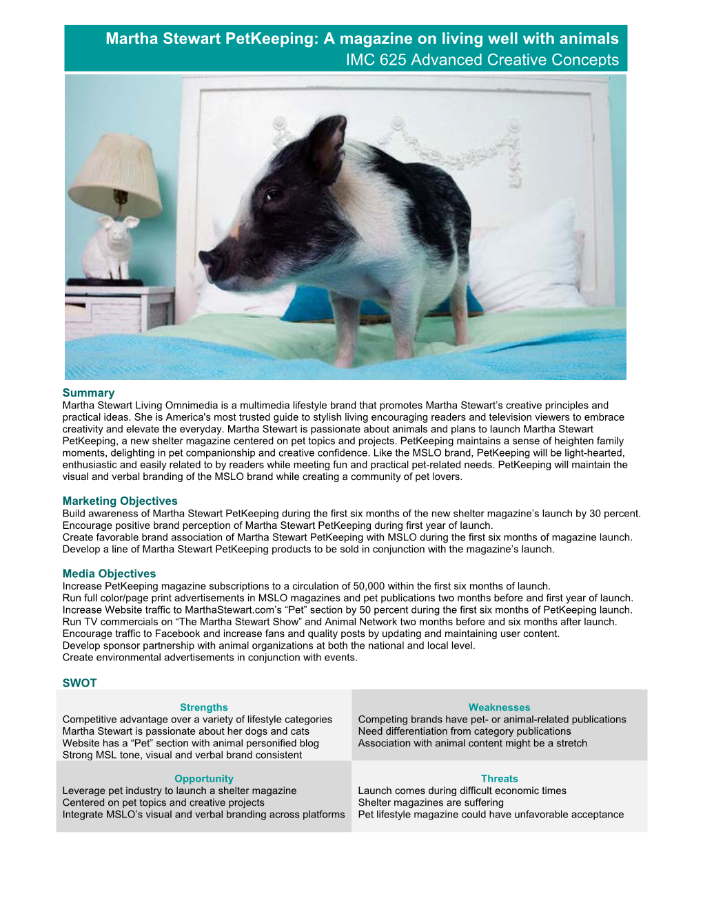 Martha Stewart Petkeeping: a Magazine on Living Well with Animals IMC 625 Advanced Creative Concepts