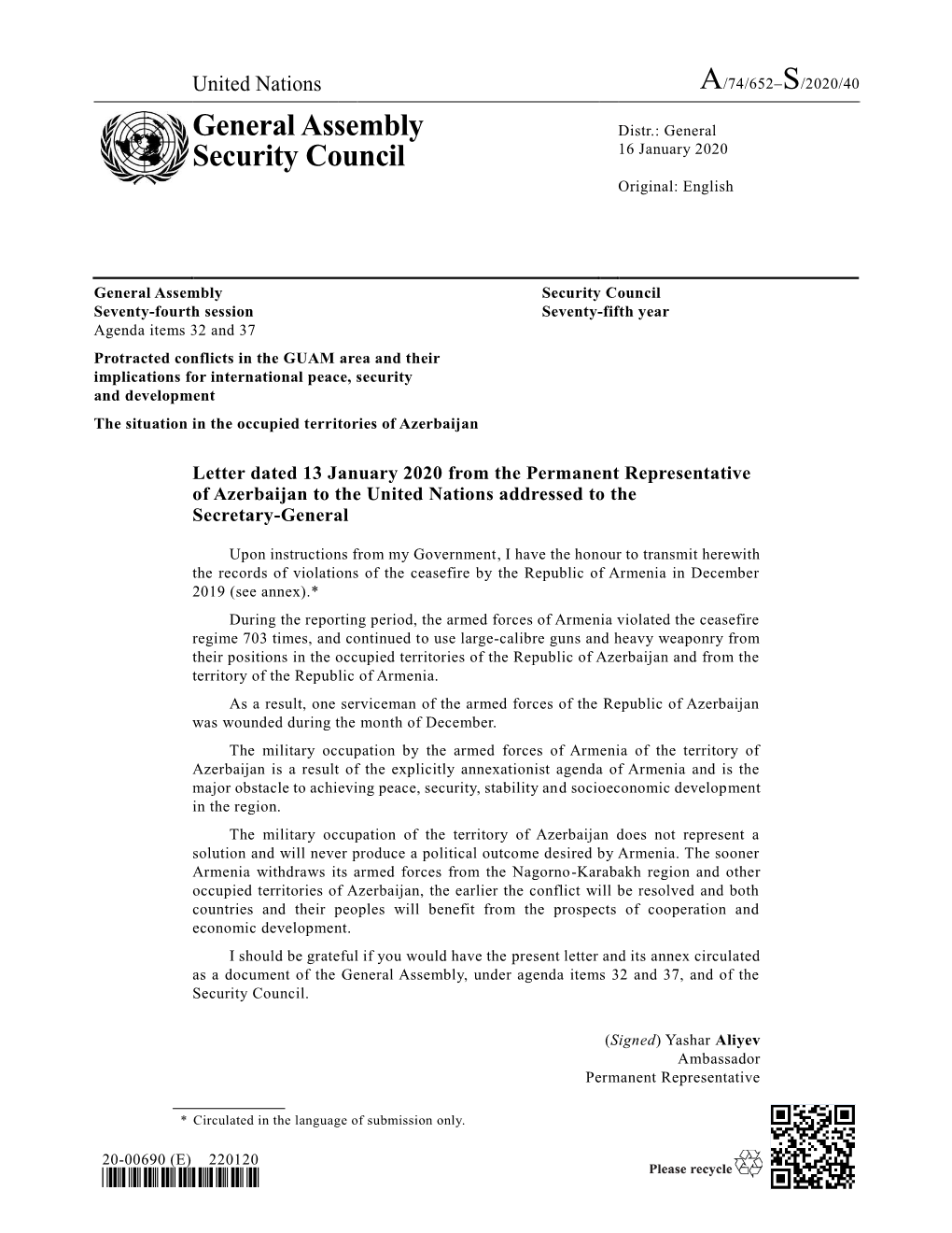 Letter Dated 13 January 2020 from the Permanent Representative of Azerbaijan to the United Nations Addressed to the Secretary-General