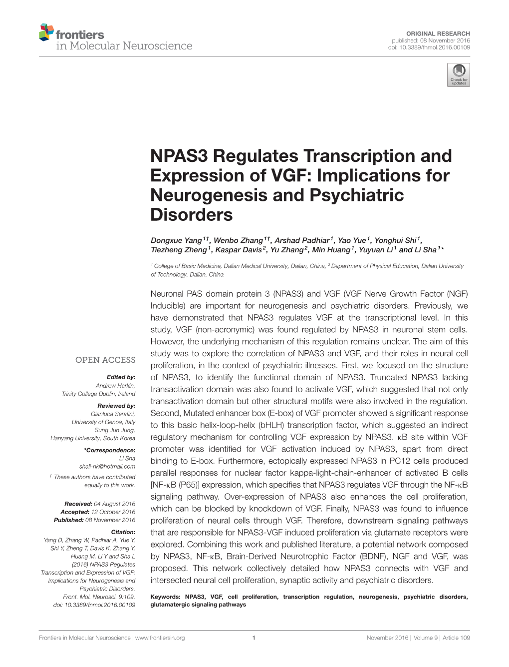 NPAS3 Regulates Transcription and Expression of VGF: Implications for Neurogenesis and Psychiatric Disorders