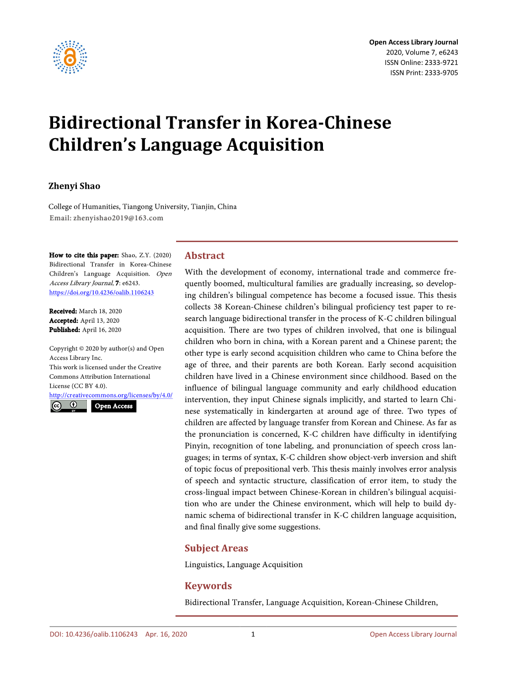 Bidirectional Transfer in Korea-Chinese Children's