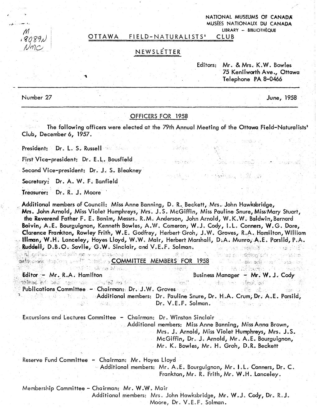 OFNC Newsletter No. 27 – June 1958