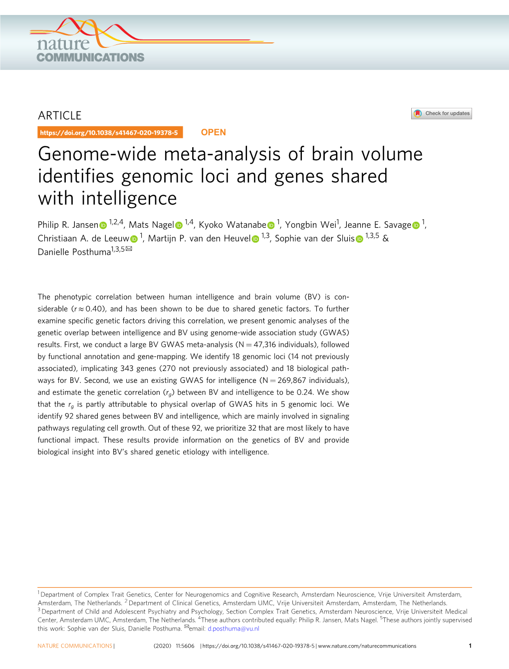 Genome-Wide Meta-Analysis of Brain Volume Identifies Genomic Loci And