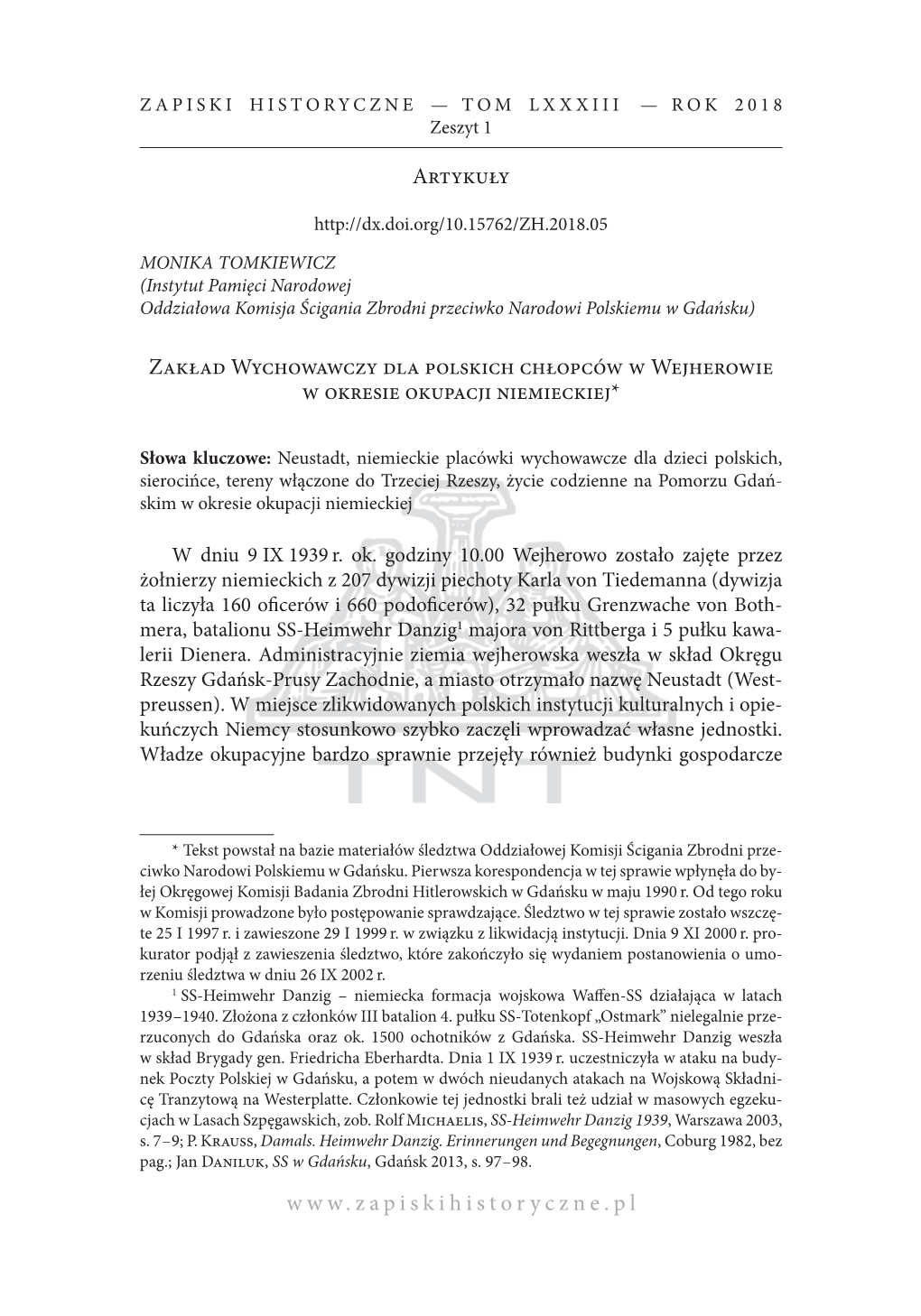 Artykuły Zakład Wychowawczy Dla Polskich Chłopców W Wejherowie W Okresie Okupacji Niemieckiej*