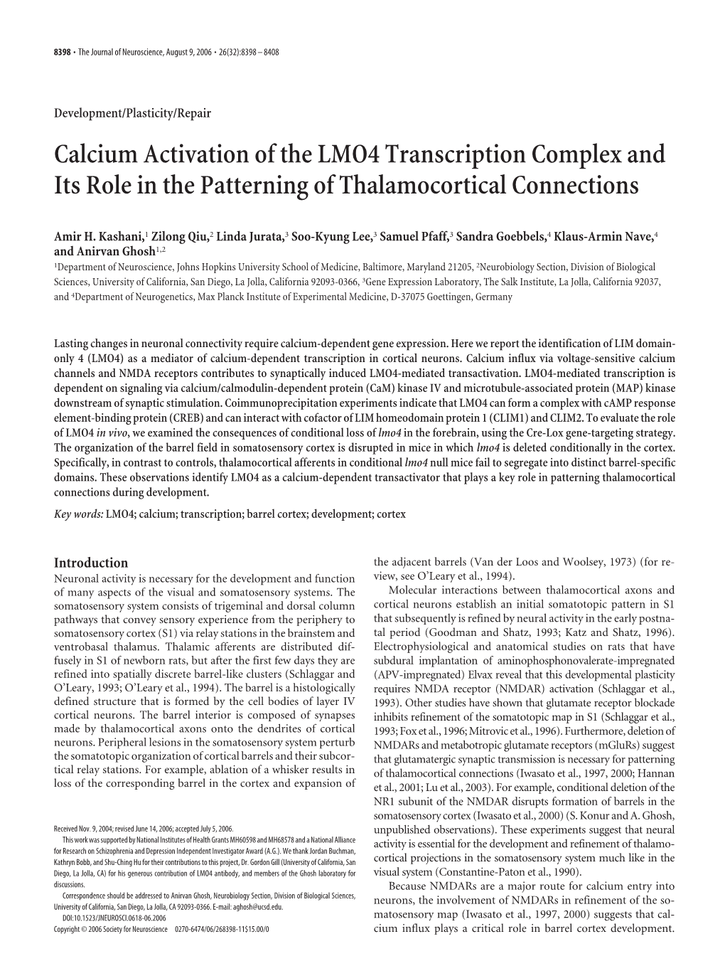 Calcium Activation of the LMO4 Transcription Complex and Its Role in the Patterning of Thalamocortical Connections