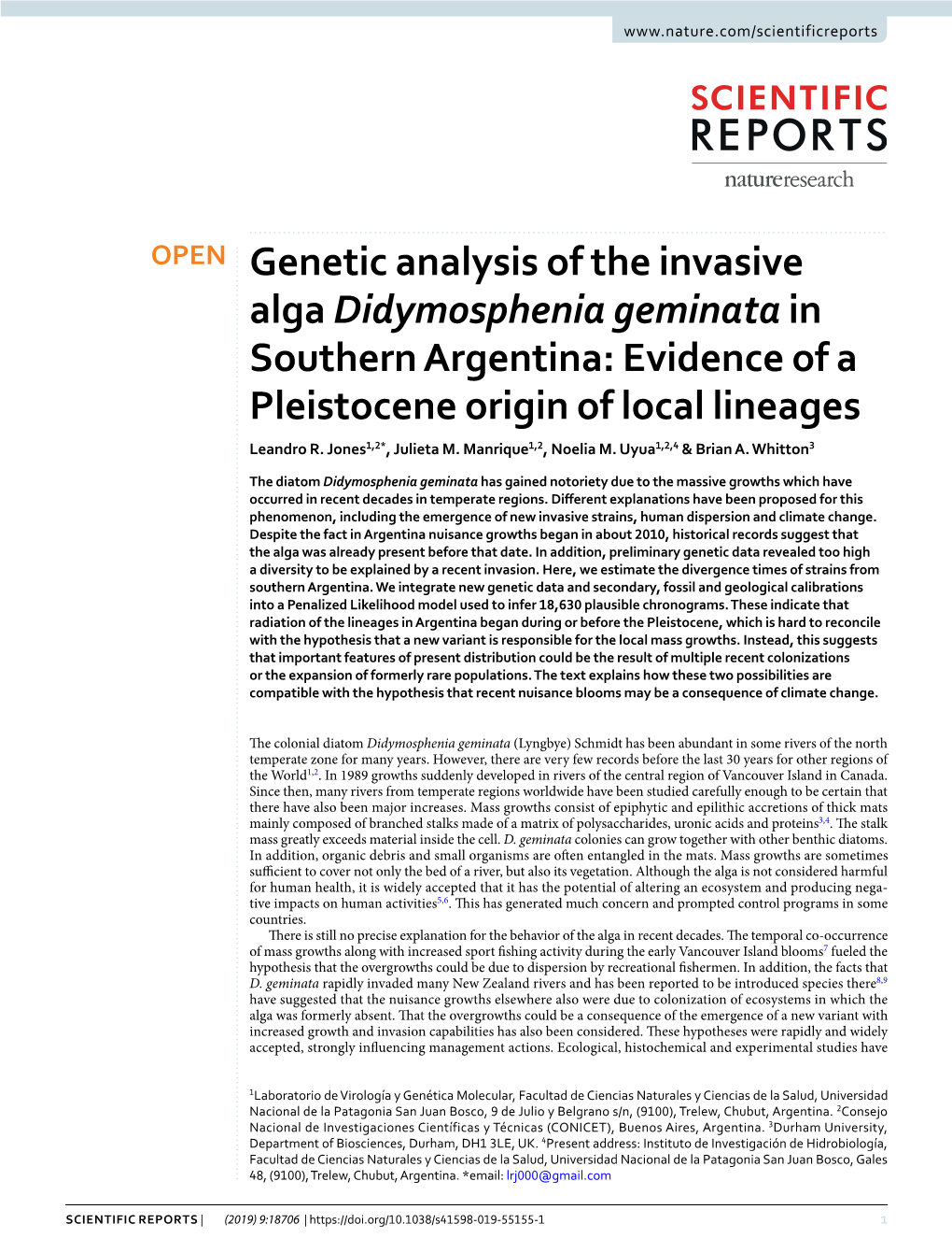 Genetic Analysis of the Invasive Alga Didymosphenia Geminata in Southern Argentina: Evidence of a Pleistocene Origin of Local Lineages Leandro R