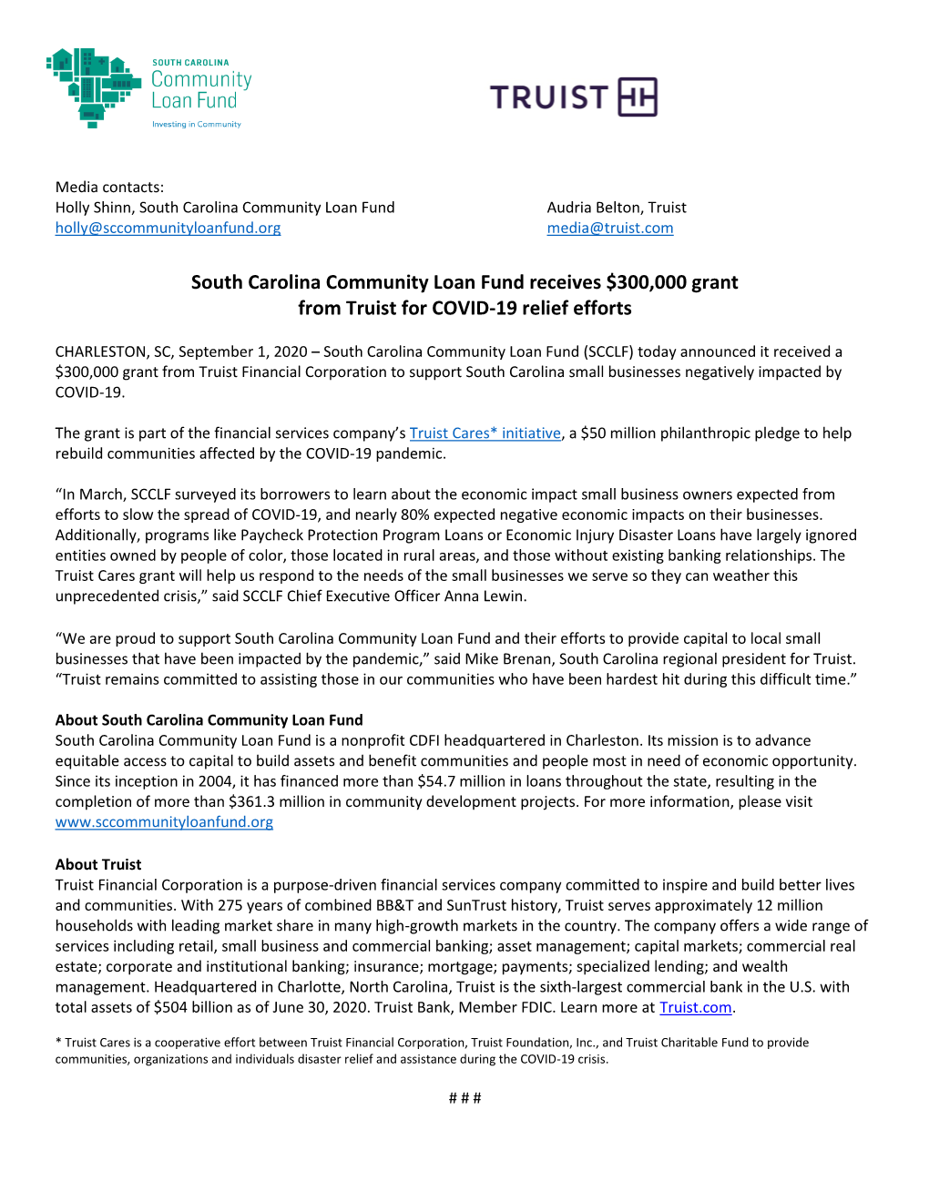 SCCLF Receives Grant Through Truist Cares Initiative