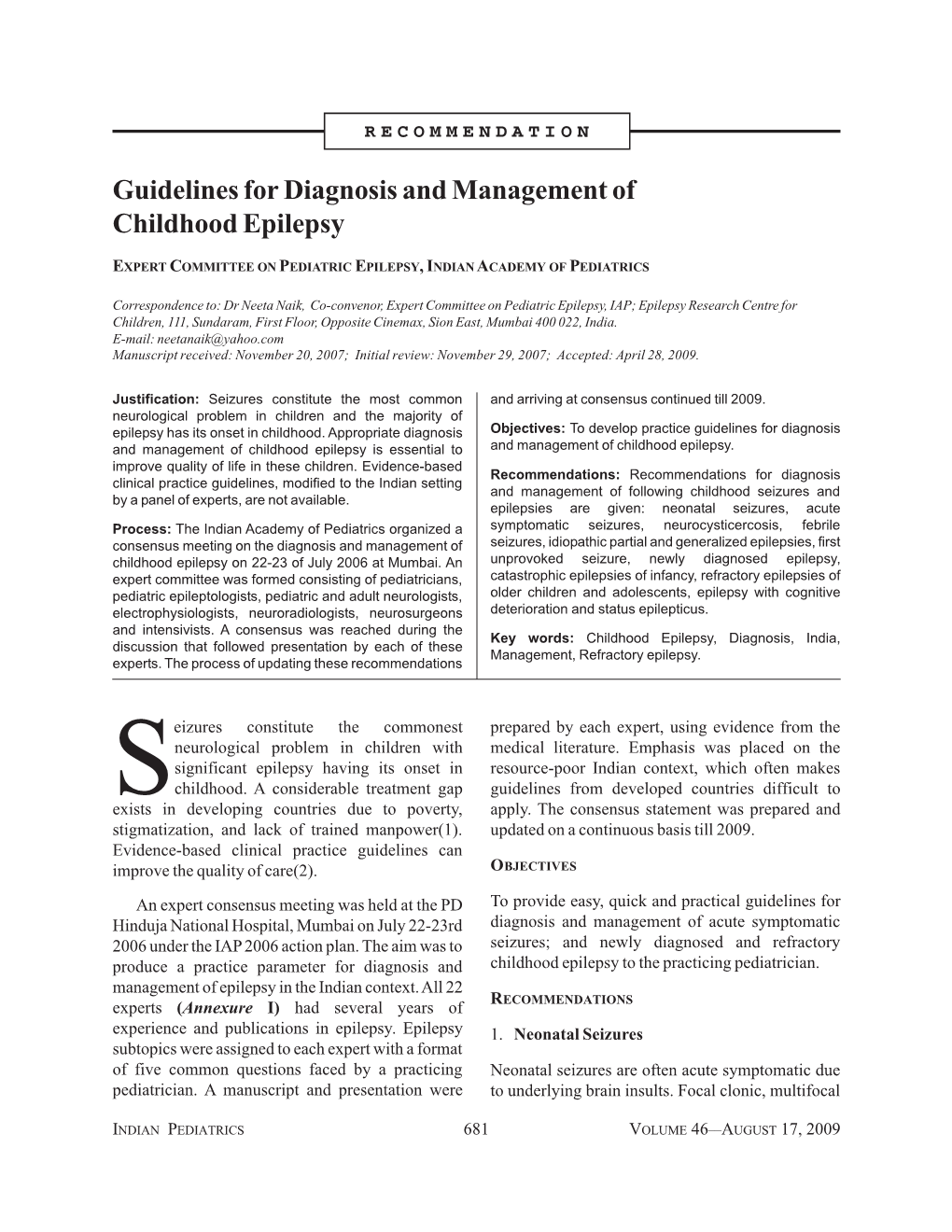 Guidelines for Diagnosis and Management of Childhood Epilepsy