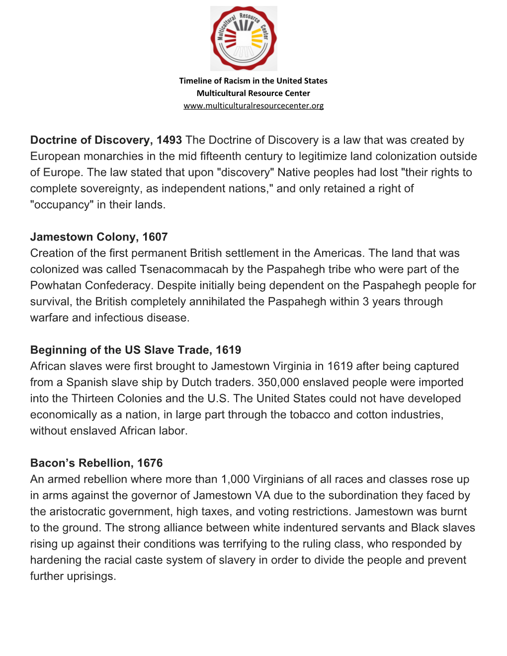 Timeline of Racism in the United States Multicultural Resource Center