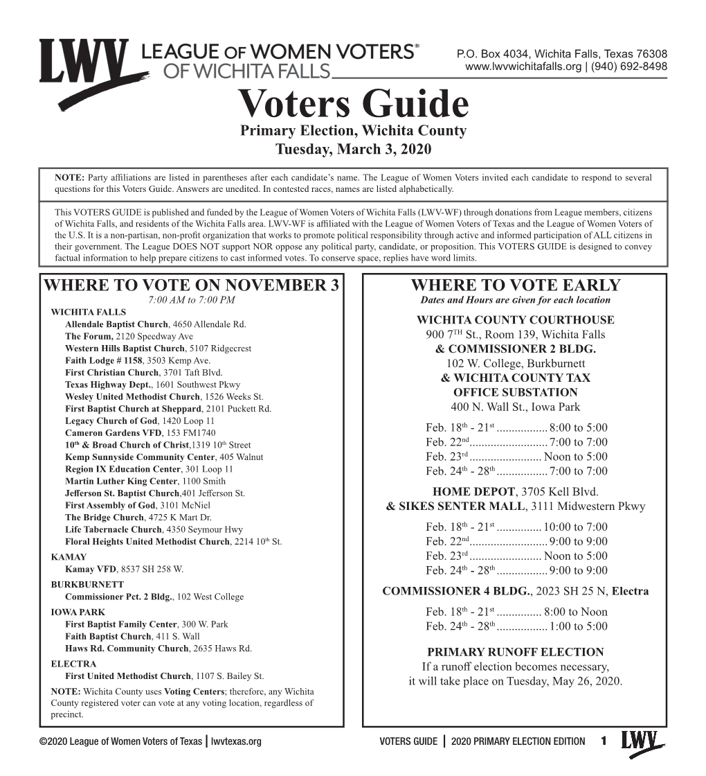 Voters Guide Primary Election, Wichita County Tuesday, March 3, 2020