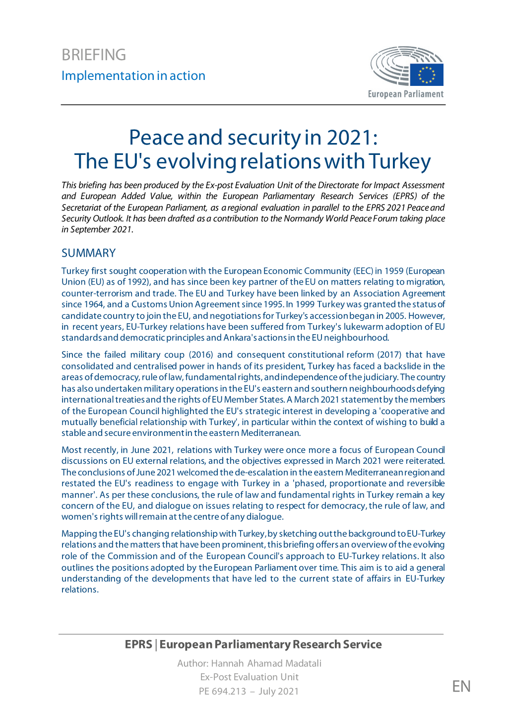 Peace and Security in 2021: the EU's Evolving Relations with Turkey