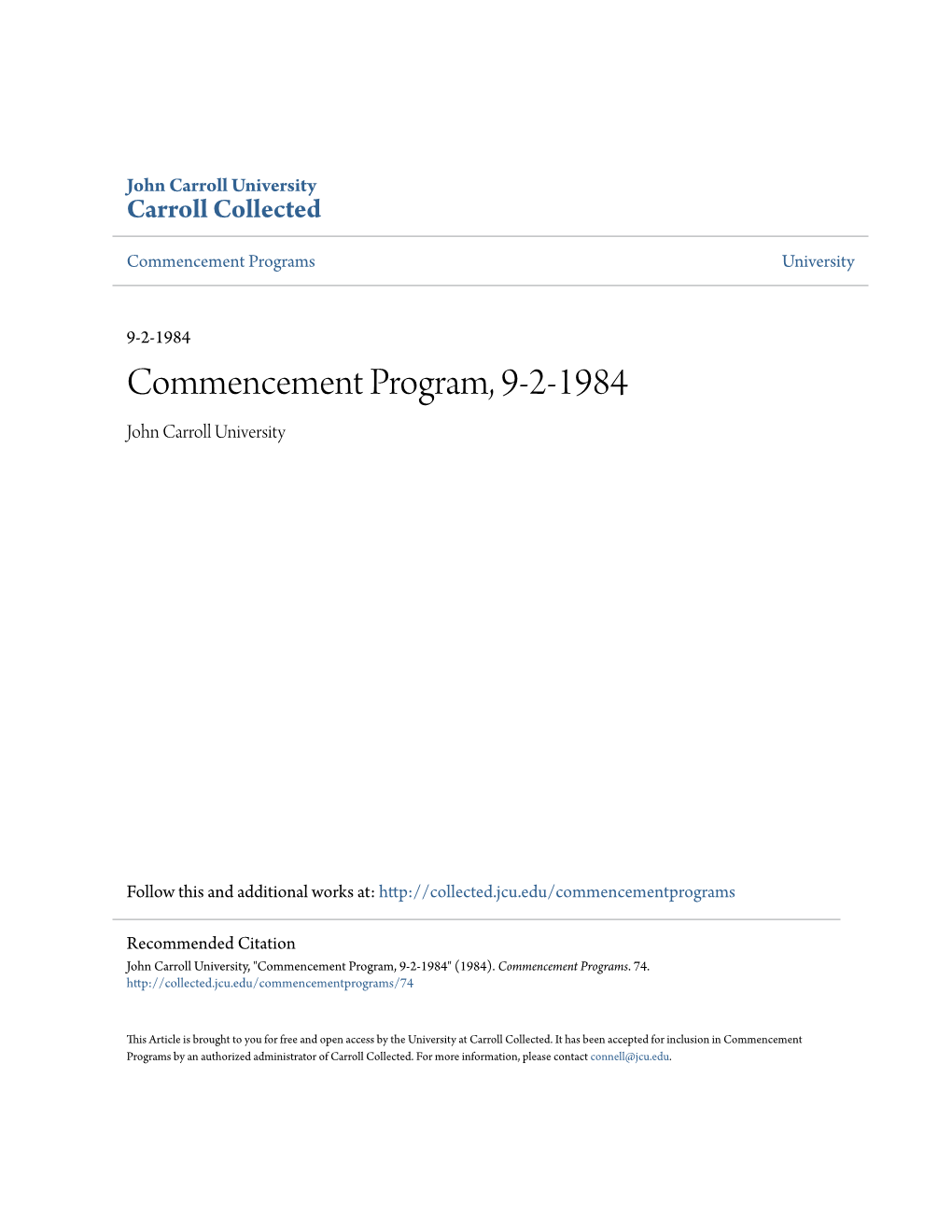 Commencement Program, 9-2-1984 John Carroll University