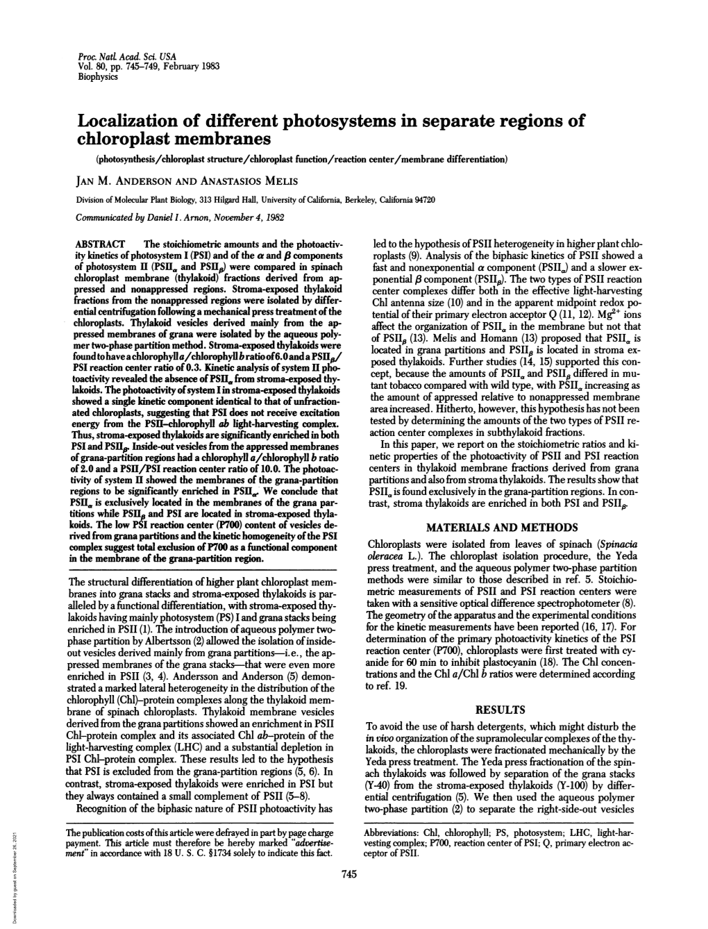 Chloroplast Membranes (Photosynthesis/Chloroplast Structure/Chloroplast Function/Reaction Center/Membrane Differentiation) JAN M