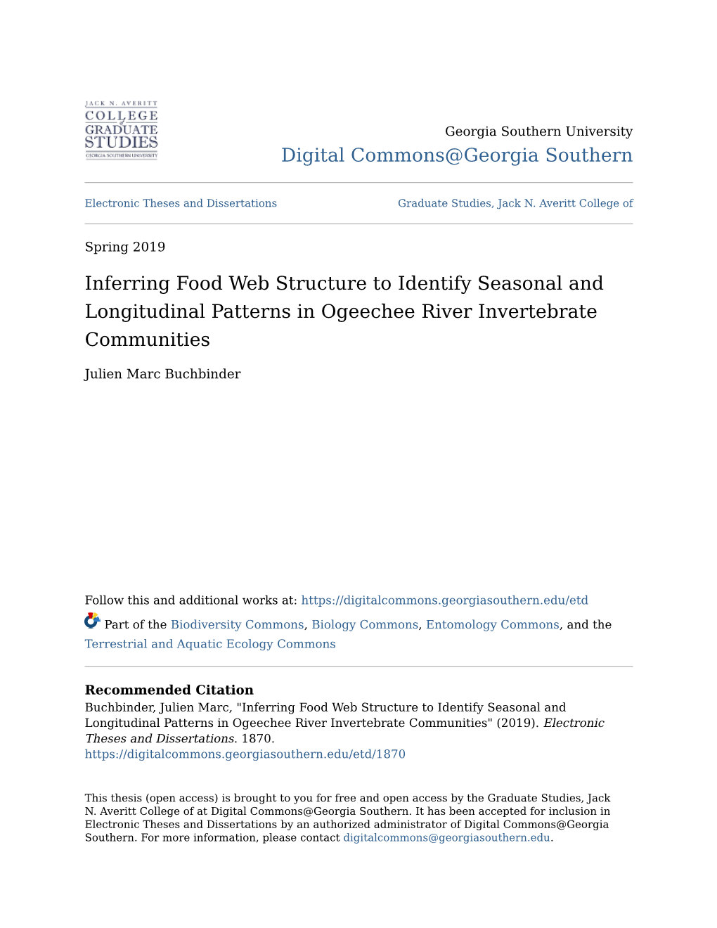 Inferring Food Web Structure to Identify Seasonal and Longitudinal Patterns in Ogeechee River Invertebrate Communities