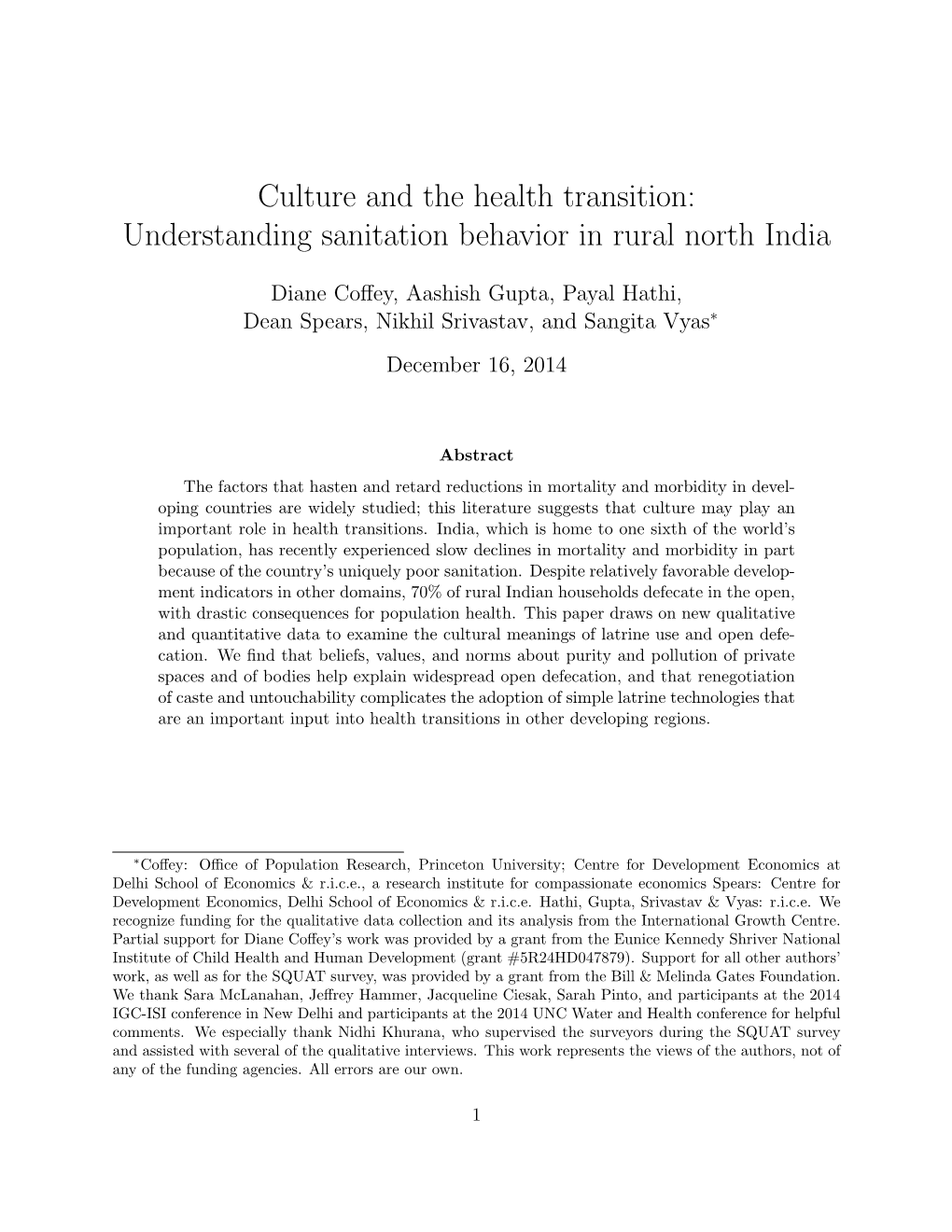 Culture and the Health Transition: Understanding Sanitation Behavior in Rural North India