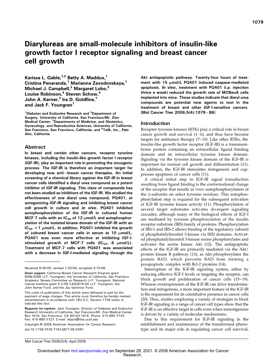Diarylureas Are Small-Molecule Inhibitors of Insulin-Like Growth Factor I Receptor Signaling and Breast Cancer Cell Growth