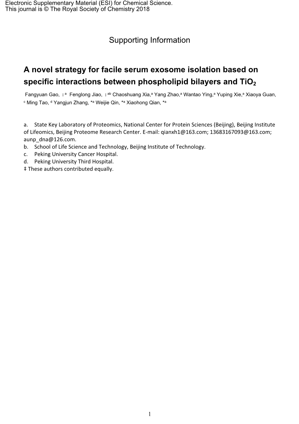 Supporting Information a Novel Strategy for Facile Serum Exosome