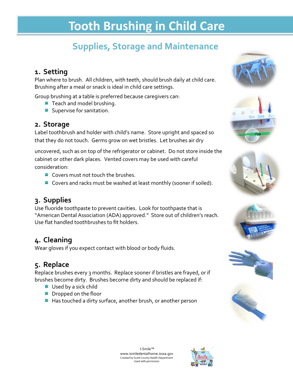 Tooth Brushing in Child Care Supplies, Storage and Maintenance