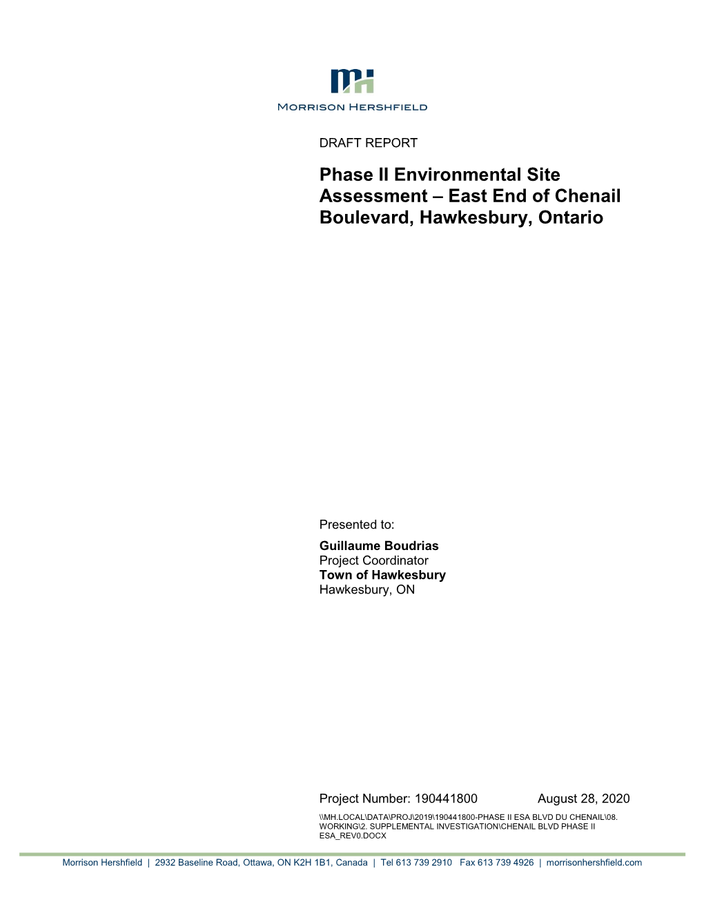 Phase II Environmental Site Assessment – East End of Chenail Boulevard, Hawkesbury, Ontario