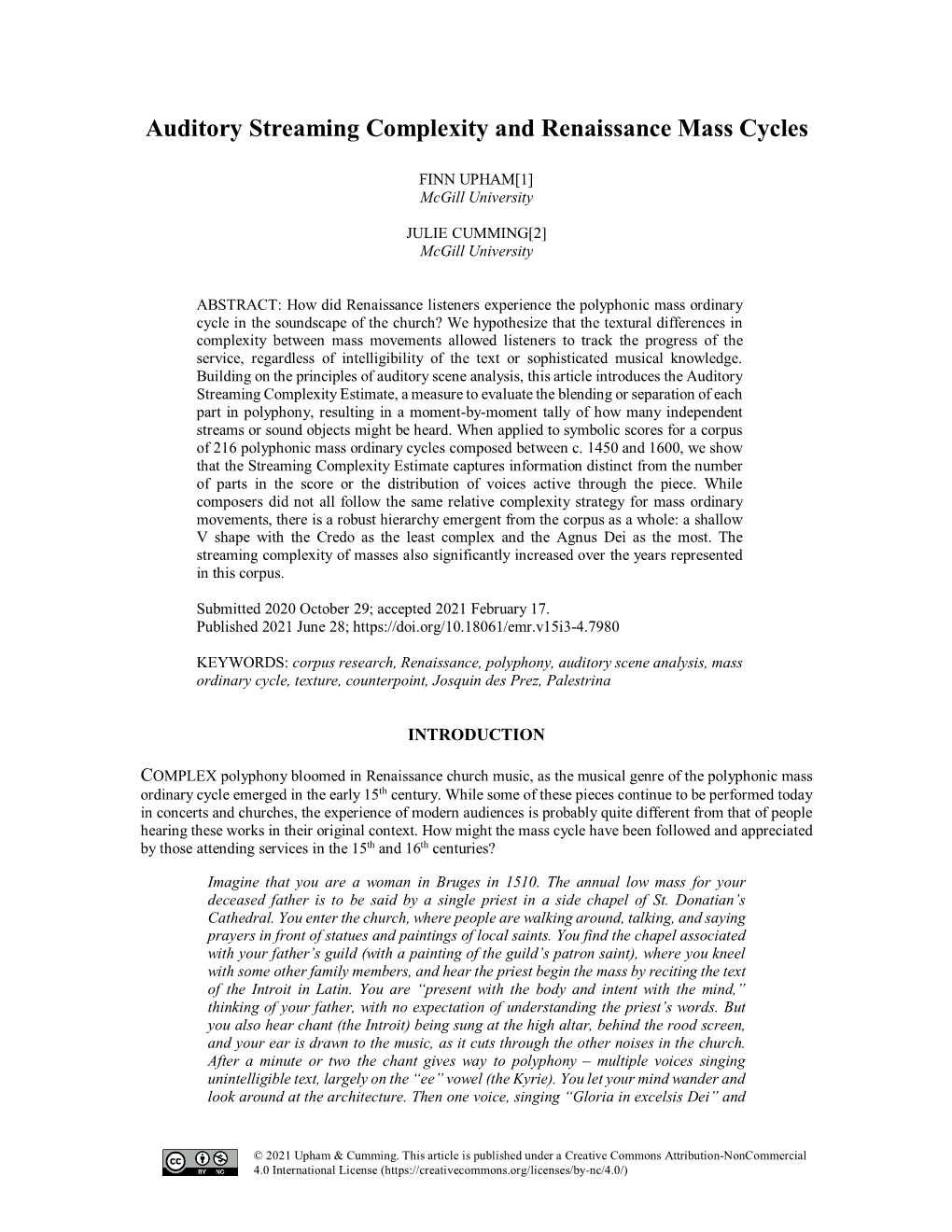 Auditory Streaming Complexity and Renaissance Mass Cycles