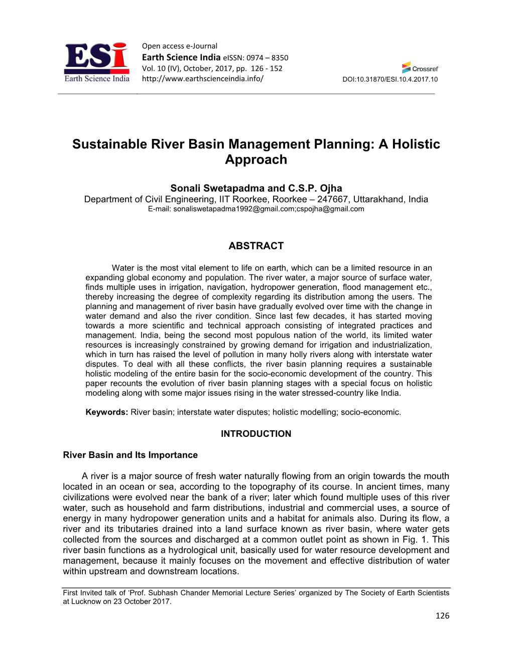 Sustainable River Basin Management Planning: a Holistic Approach