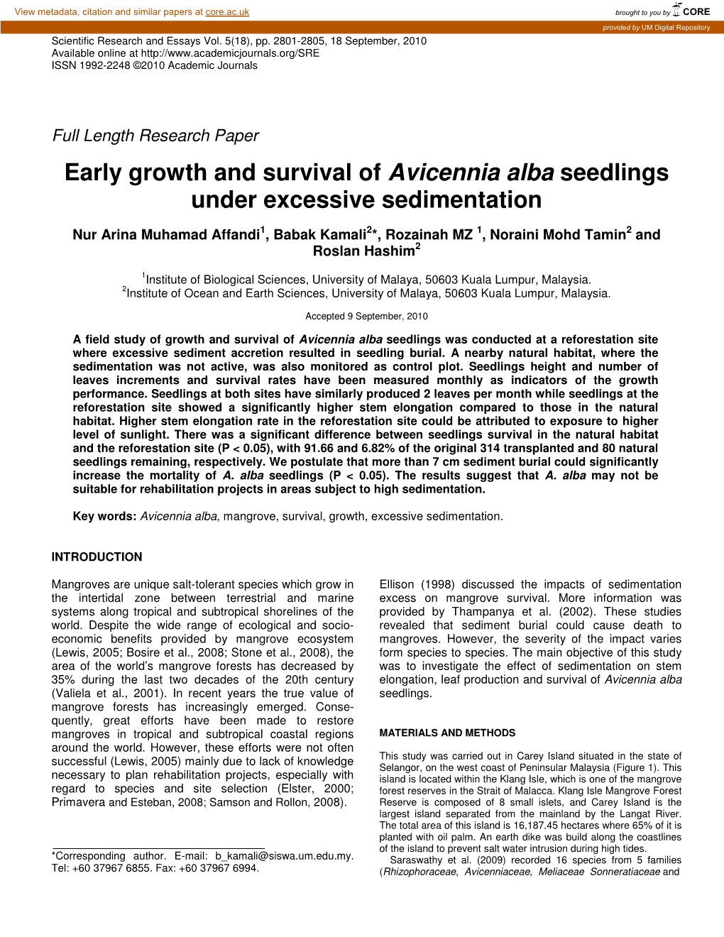 Early Growth and Survival of Avicennia Alba Seedlings Under Excessive Sedimentation
