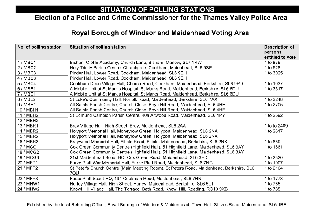 SITUATION of POLLING STATIONS Election of a Police and Crime Commissioner for the Thames Valley Police Area