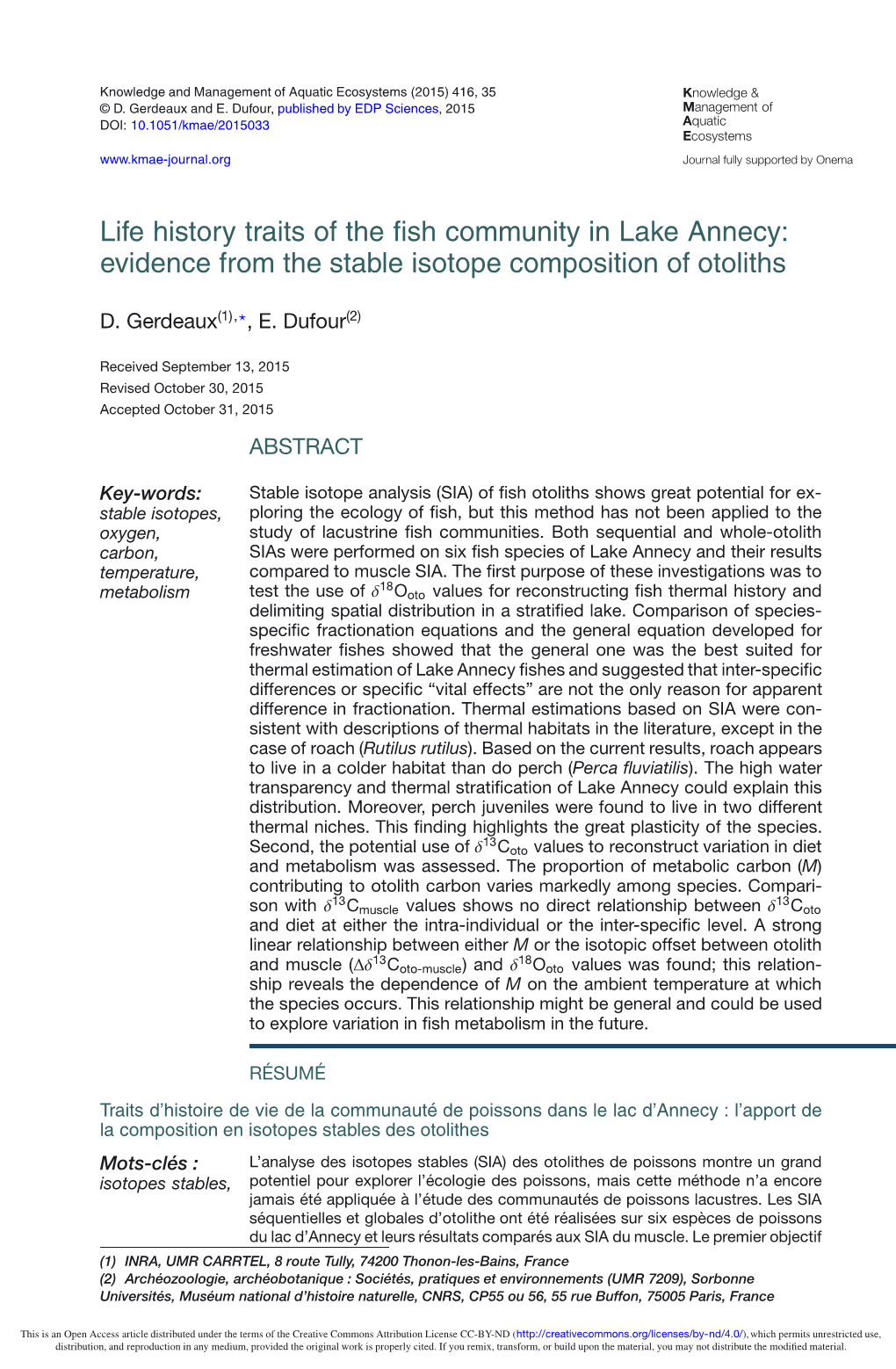 Life History Traits of the Fish Community in Lake Annecy: Evidence from the Stable Isotope Composition of Otoliths