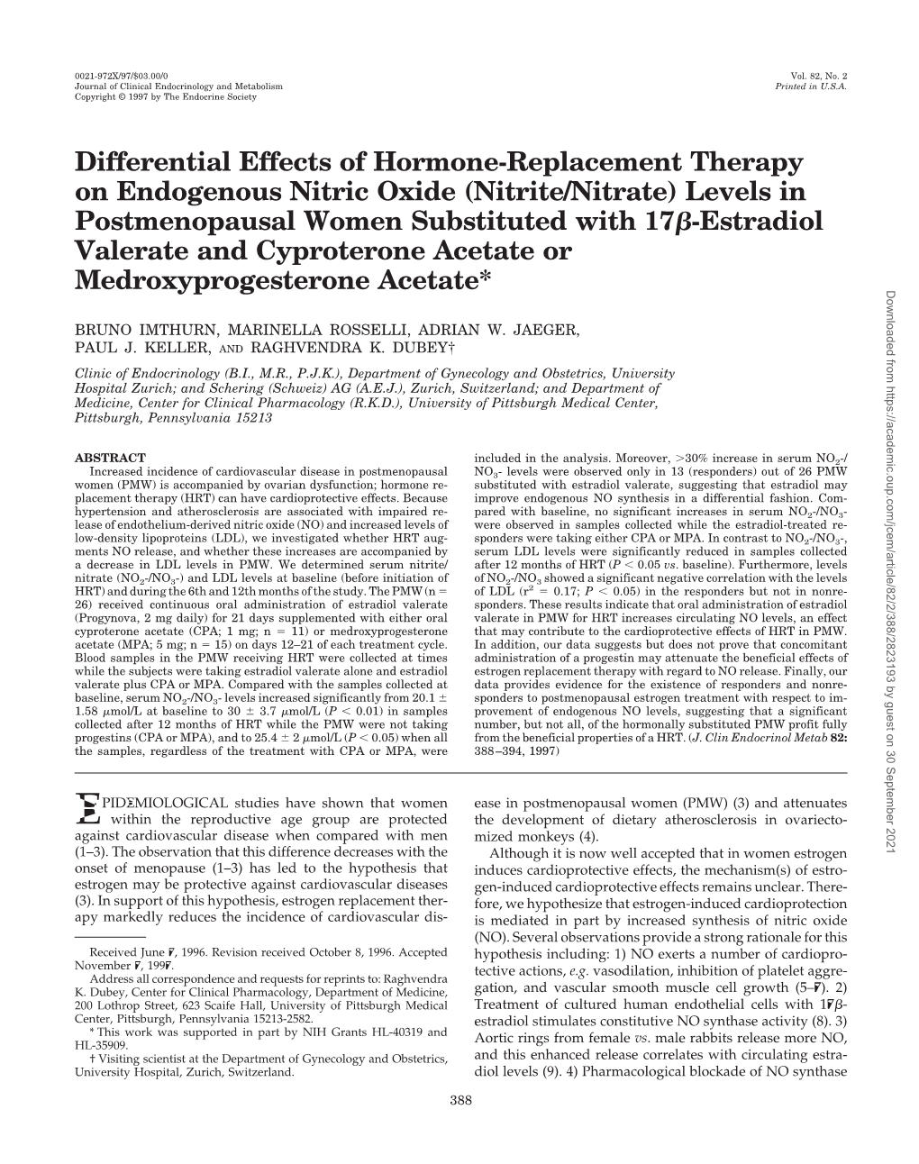 (Nitrite/Nitrate) Levels in Postmenopausal Women Substituted with 17␤-Estradiol Valerate and Cyproterone Acetate Or