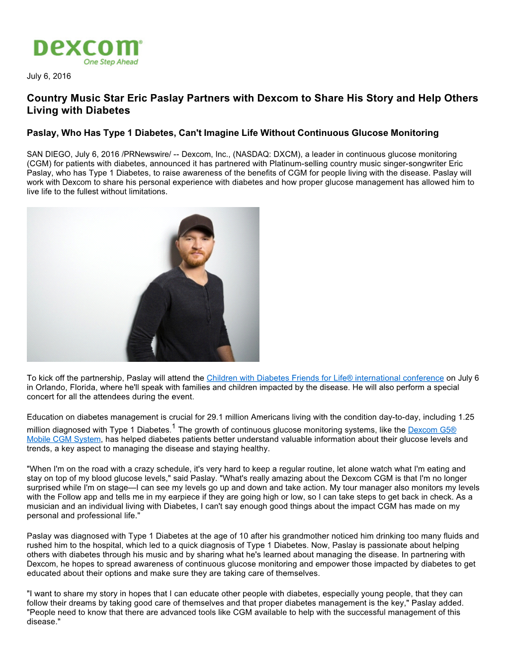 Country Music Star Eric Paslay Partners with Dexcom to Share His Story and Help Others Living with Diabetes