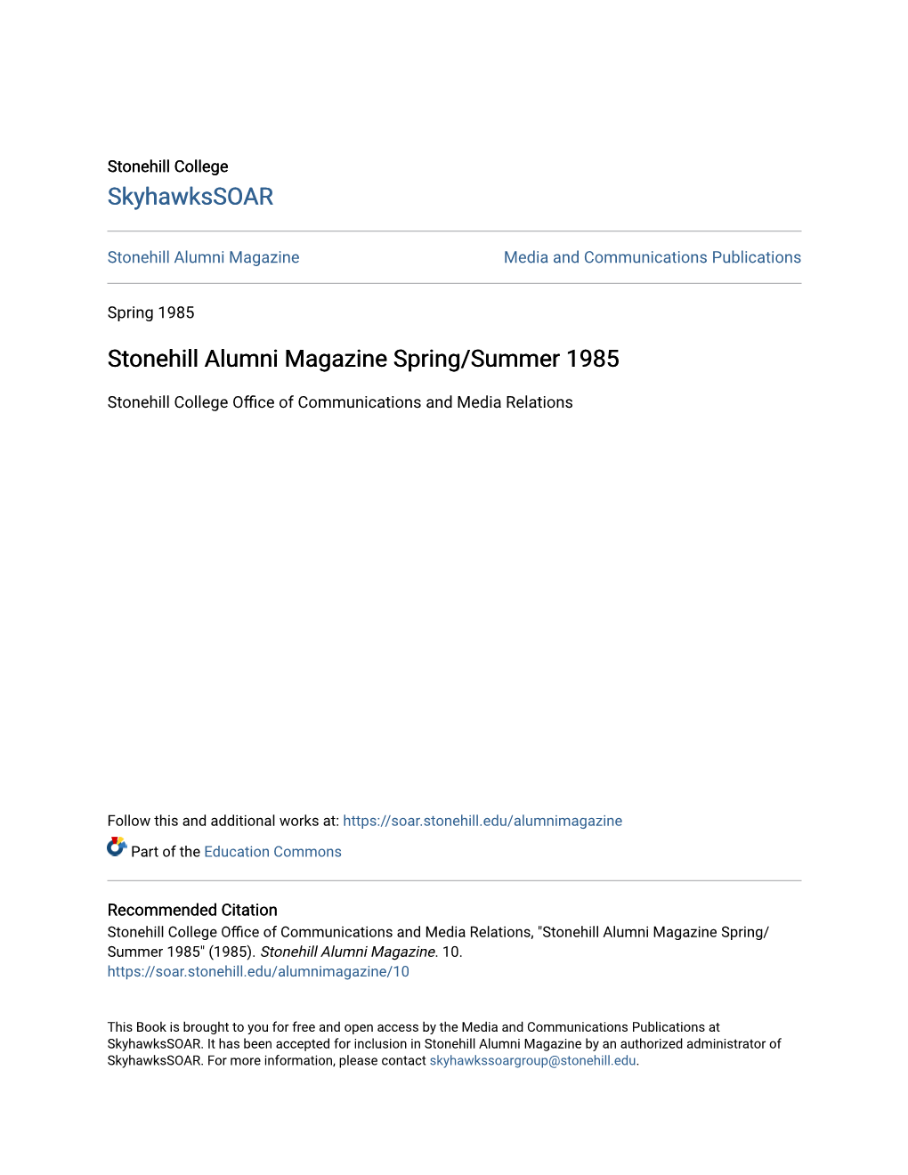 Stonehill Alumni Magazine Spring/Summer 1985