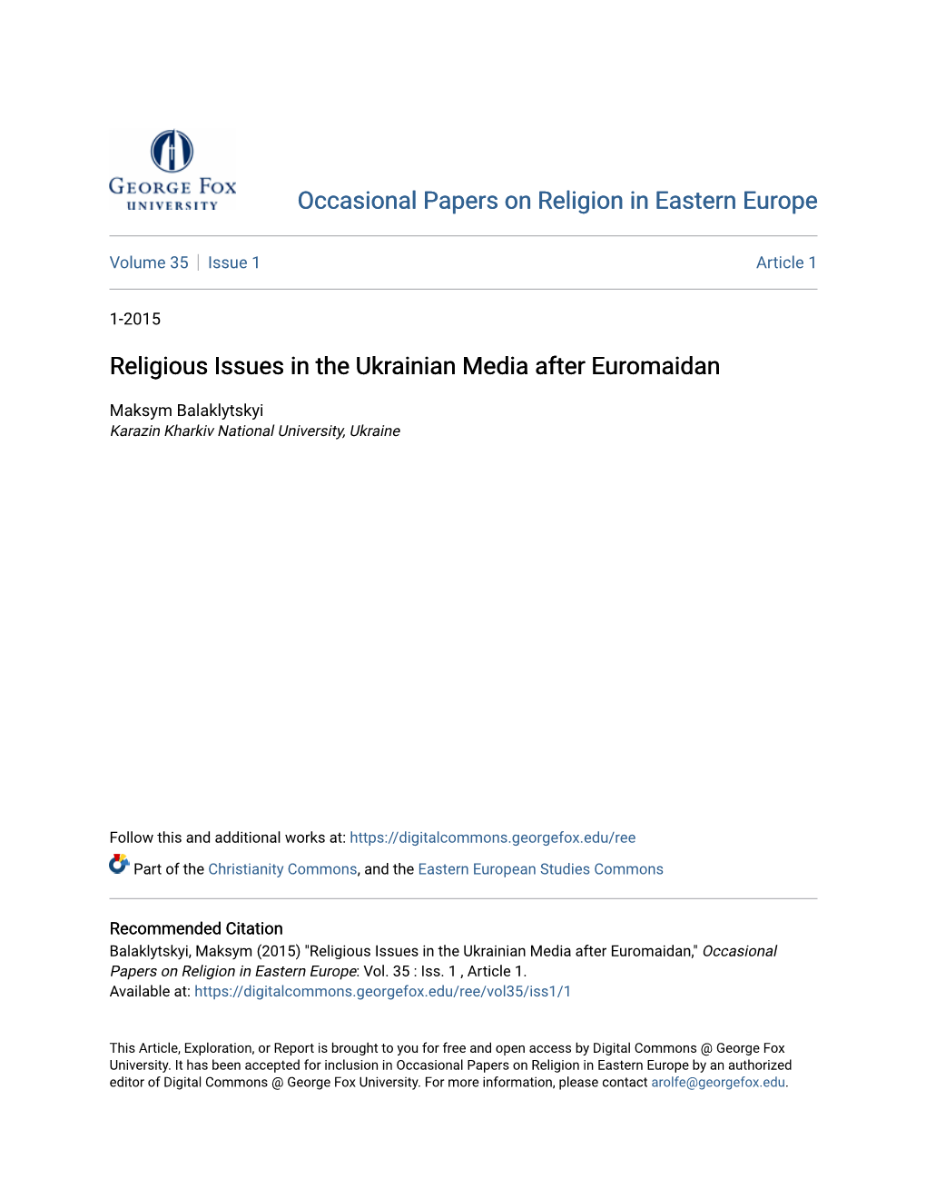 Religious Issues in the Ukrainian Media After Euromaidan