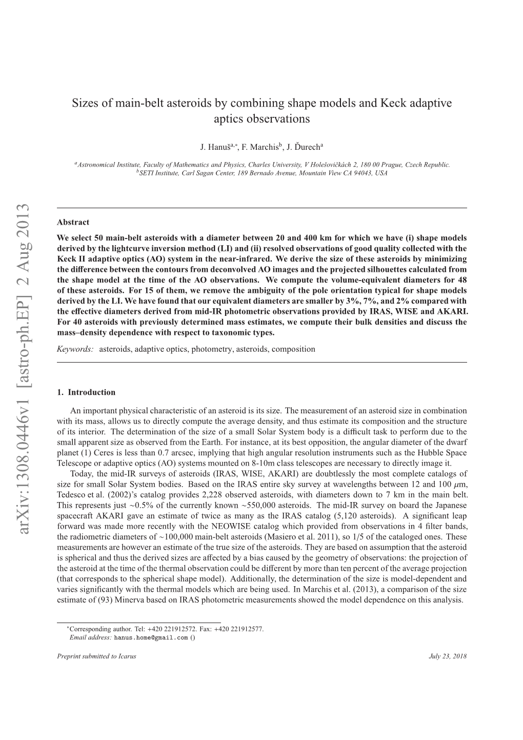 Arxiv:1308.0446V1 [Astro-Ph.EP] 2 Aug 2013