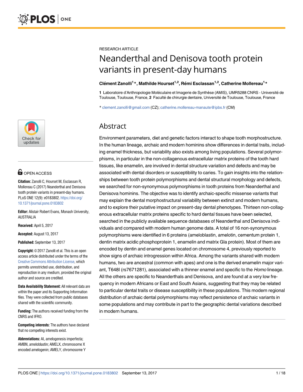 Neanderthal and Denisova Tooth Protein Variants in Present-Day Humans