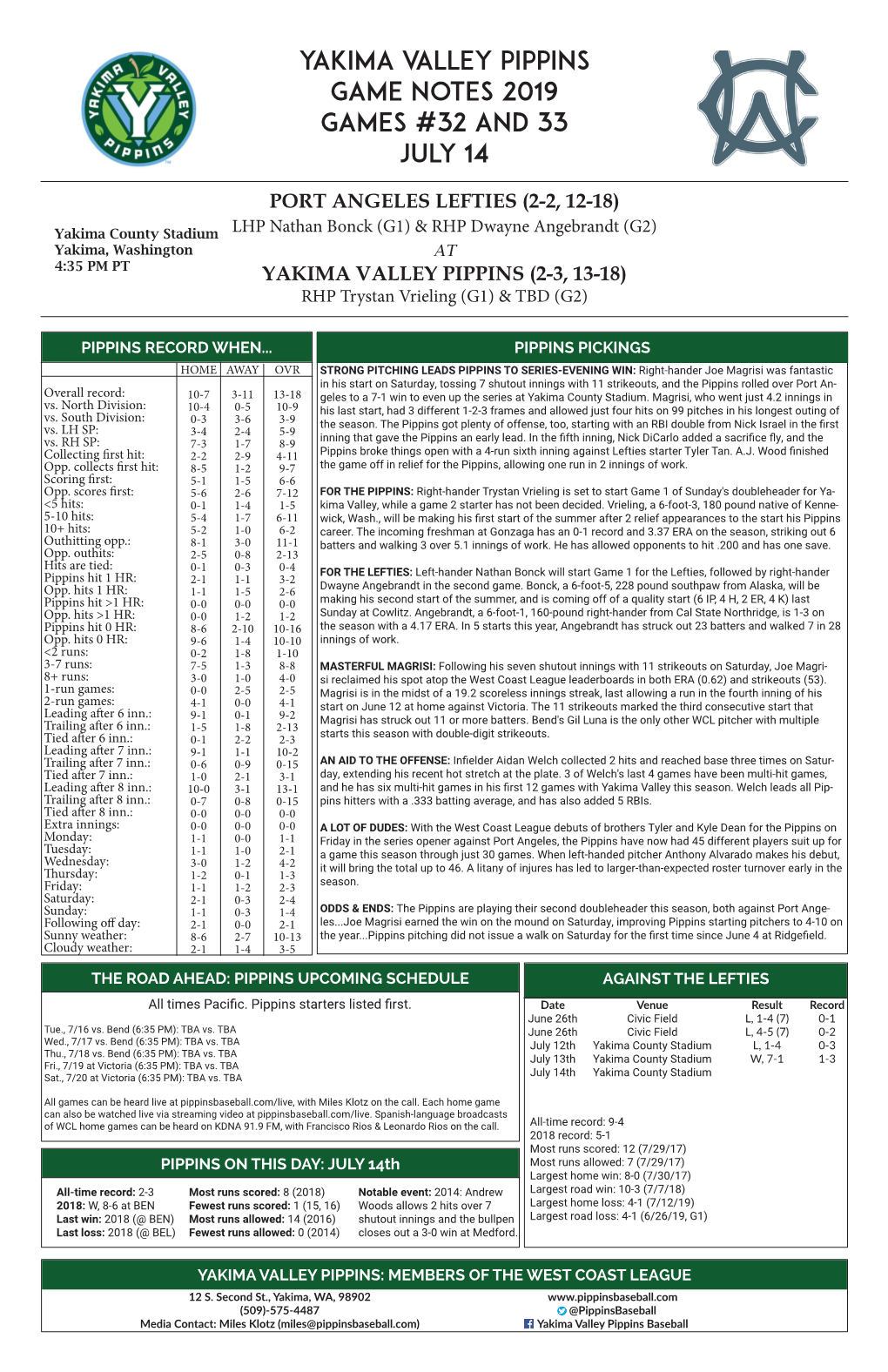 Yakima Valley Pippins Game Notes 2019 Games #32 and 33 July 14