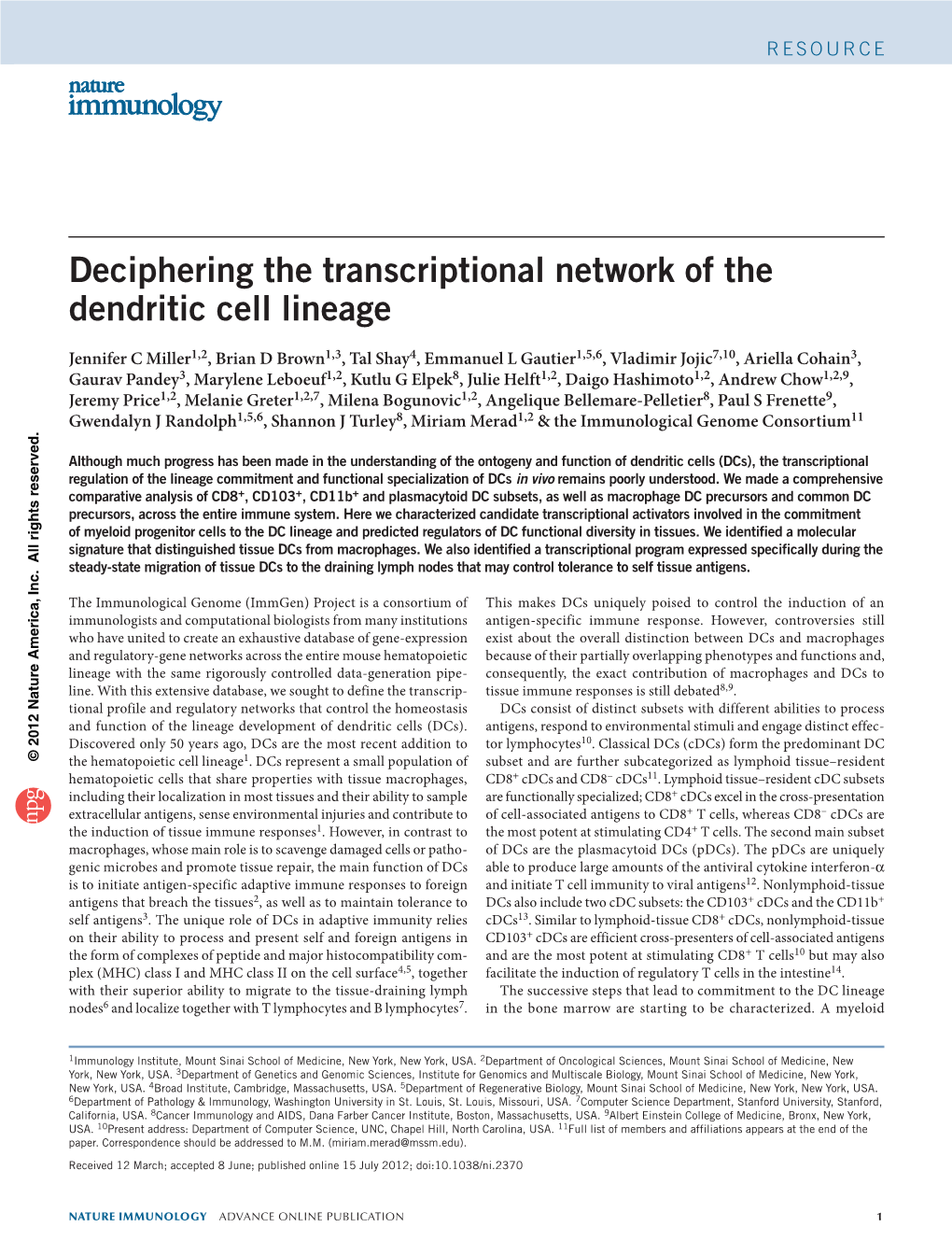 Deciphering the Transcriptional Network of the Dendritic Cell Lineage