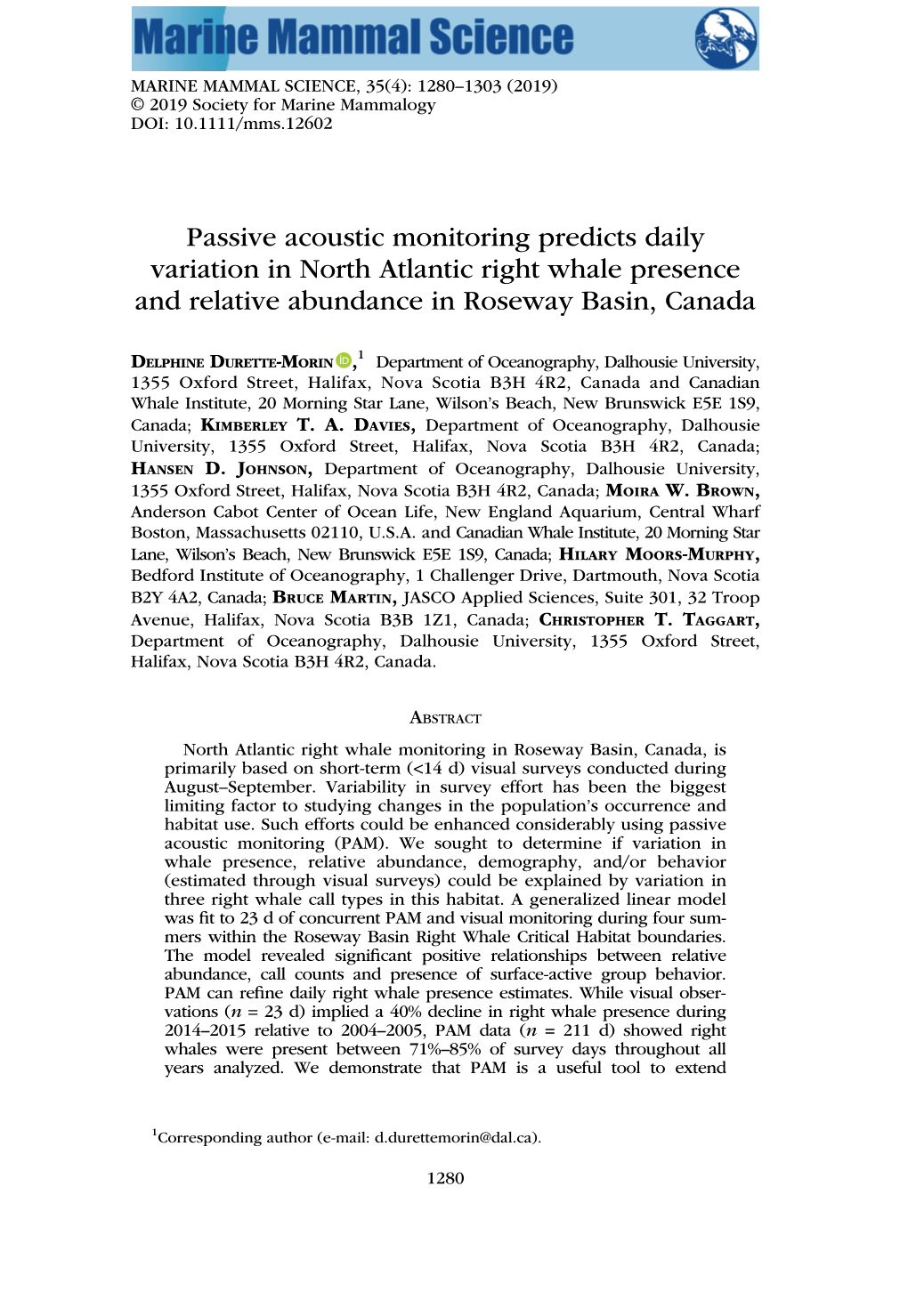 Passive Acoustic Monitoring Predicts Daily Variation in North Atlantic Right Whale Presence and Relative Abundance in Roseway Basin, Canada