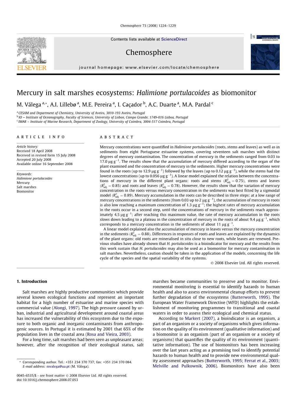 Mercury in Salt Marshes Ecosystems: Halimione Portulacoides As Biomonitor