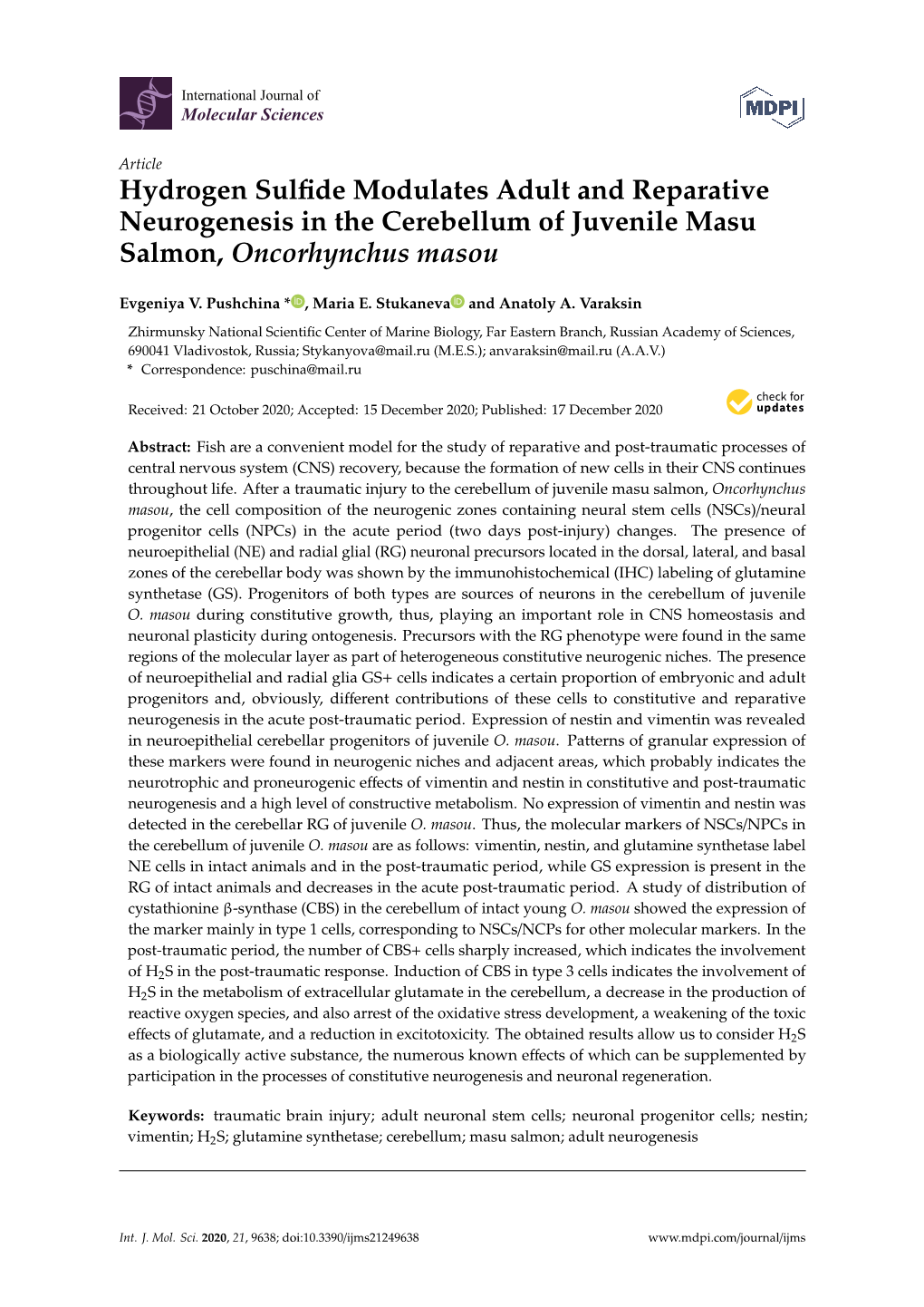 Hydrogen Sulfide Modulates Adult and Reparative Neurogenesis in the Cerebellum of Juvenile Masu Salmon, Oncorhynchus Masou