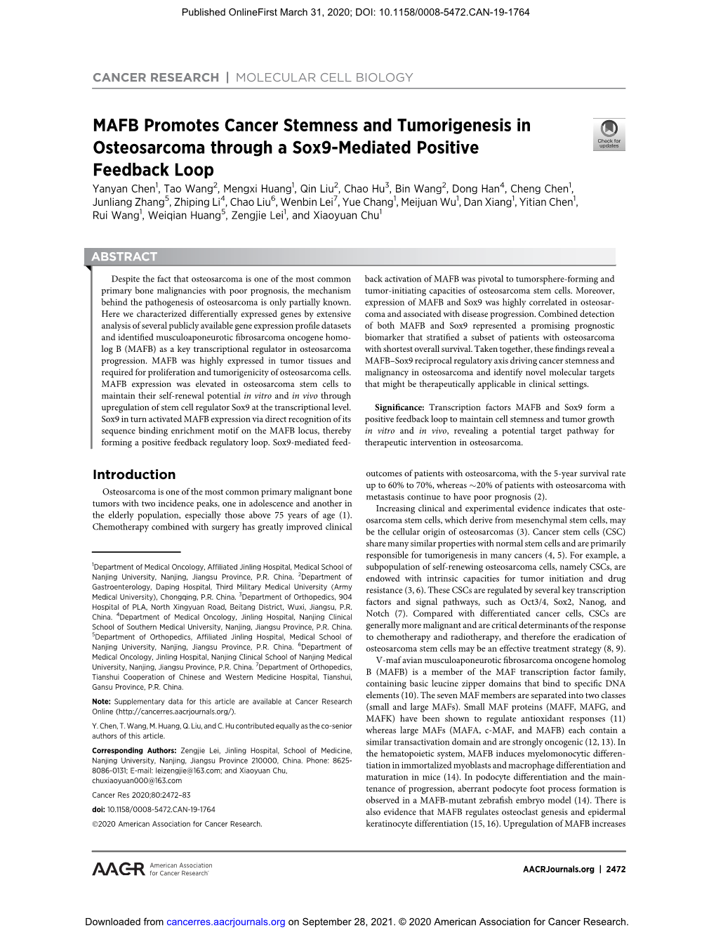 MAFB Promotes Cancer Stemness and Tumorigenesis In