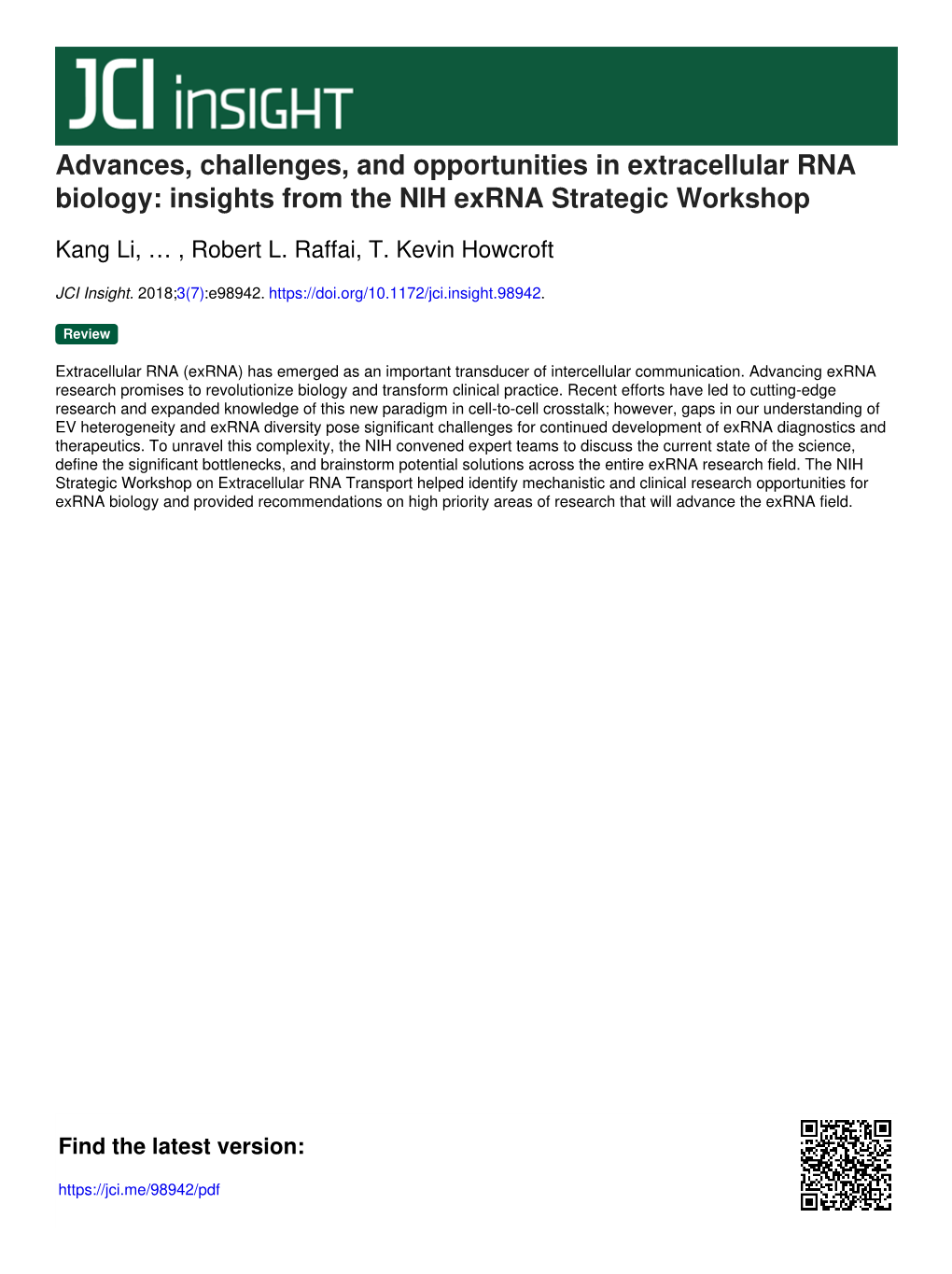 Advances, Challenges, and Opportunities in Extracellular RNA Biology: Insights from the NIH Exrna Strategic Workshop