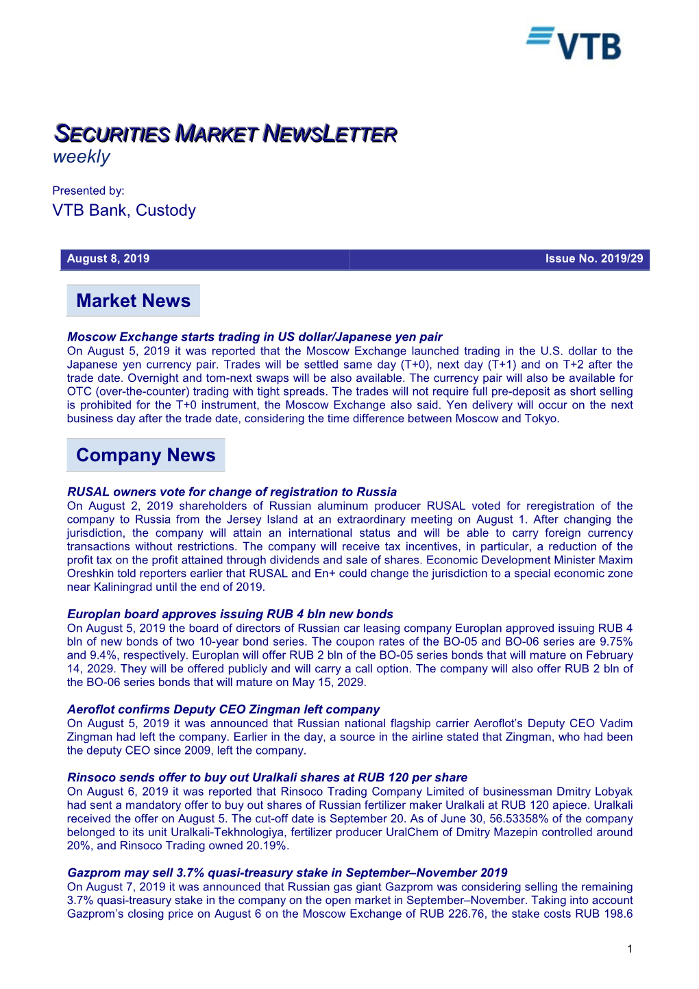 Market News Company News SECURITIES MARKET NEWS