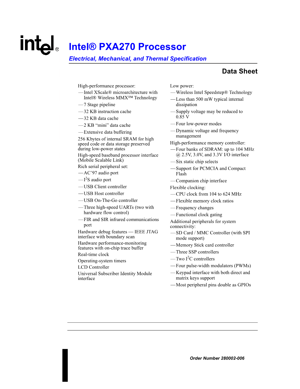 Intel® PXA270 Processor Electrical, Mechanical, and Thermal Specification Data Sheet