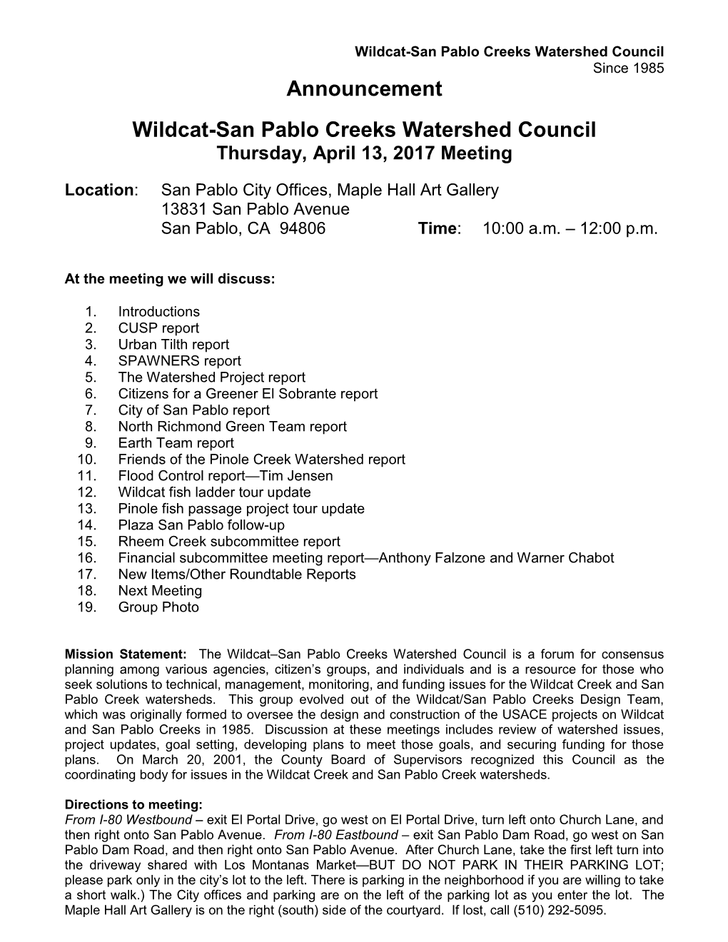 Announcement Wildcat-San Pablo Creeks Watershed Council