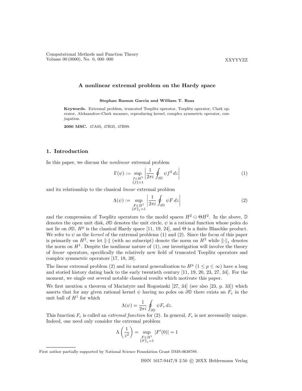 A Nonlinear Extremal Problem on the Hardy Space 1. Introduction